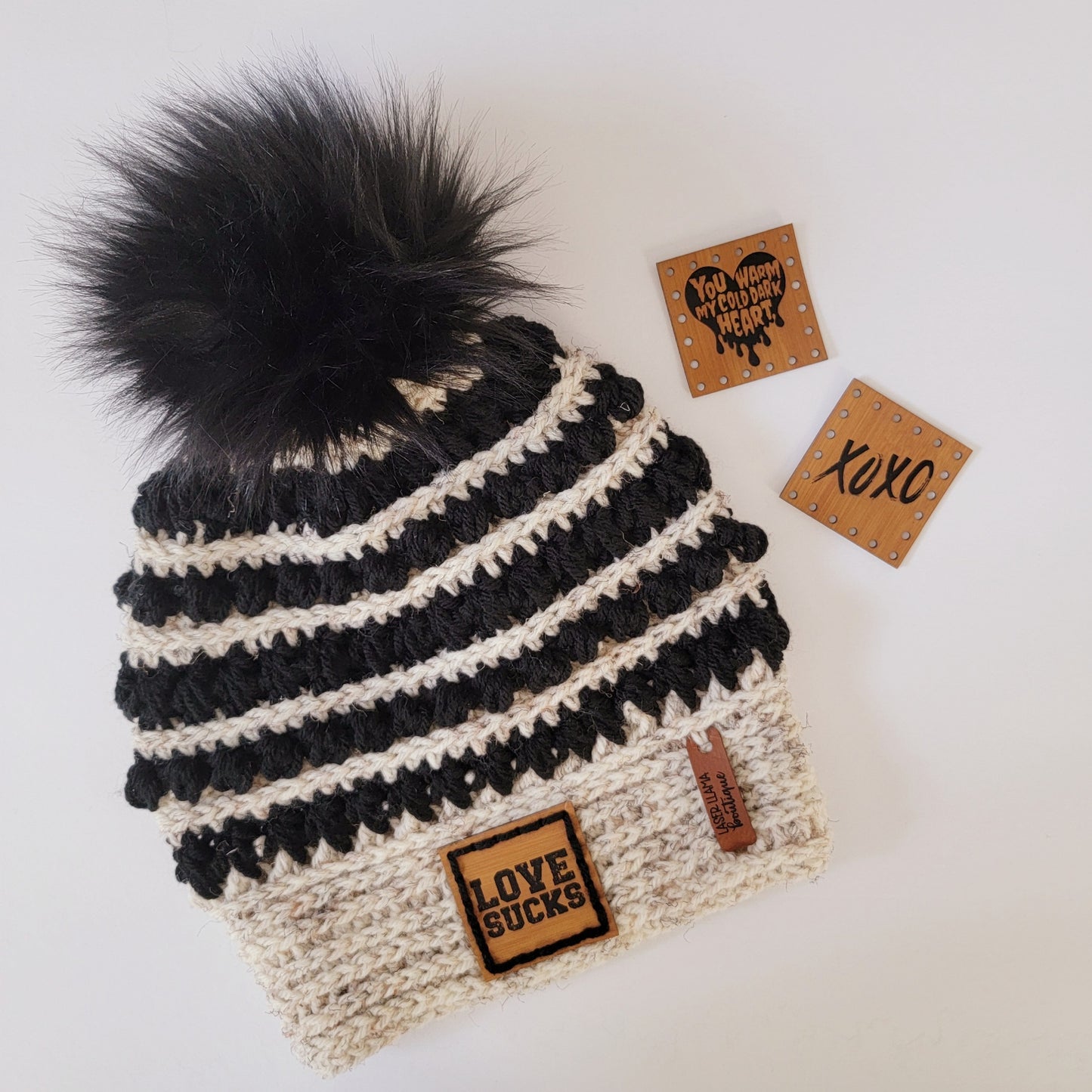Love Sucks Galentine's/Valentine's Adult Crochet Beanie with Faux Fur Pom
