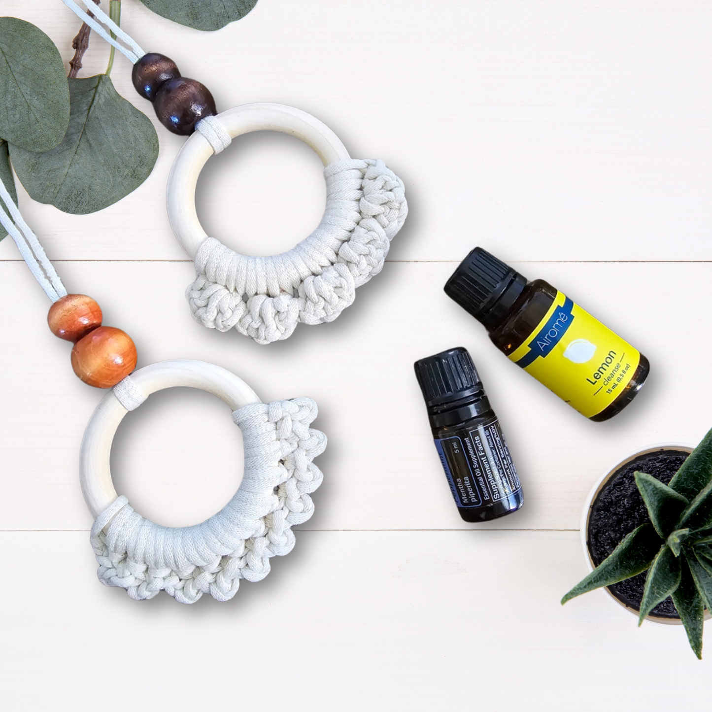 Boho Wood Ring & Crochet Oil Diffuser Charms~Car~Home~Window~Boho Oil Diffuser Hanging Charm