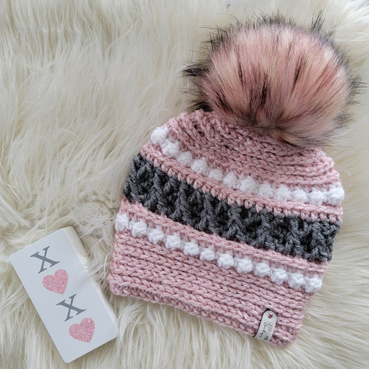 Cute Cupcake Vibe Toddler Size Pink and Gray Valentine's Handmade Crochet Beanie